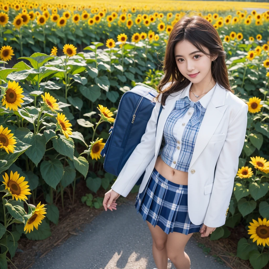 8K、RAW Photos、Highest quality、Super detailed、Super Resolution、Ultra HD、8K壁紙、Amazing details American blazer uniform girl ((White blouse with formal collar, Blue blazer, Blue plaid skirt, Red checkered ribbon on blouse)), Complete limbs, Full Finger, A large sunflower field in the countryside、Straight road、Walk through the sunflower field,smile、sun、School bag、Heart Necklace  (((Full body photo))) ((Blue sky))

