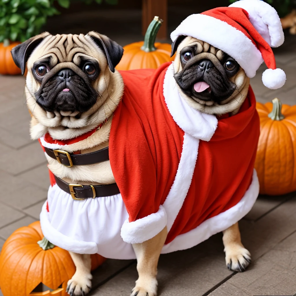 Cosplay Pug: A scene with a pug wearing a cute costume。Dressed as a pumpkin for Halloween or a Santa Claus for Christmas、She looks adorable as she happily poses for the camera.。