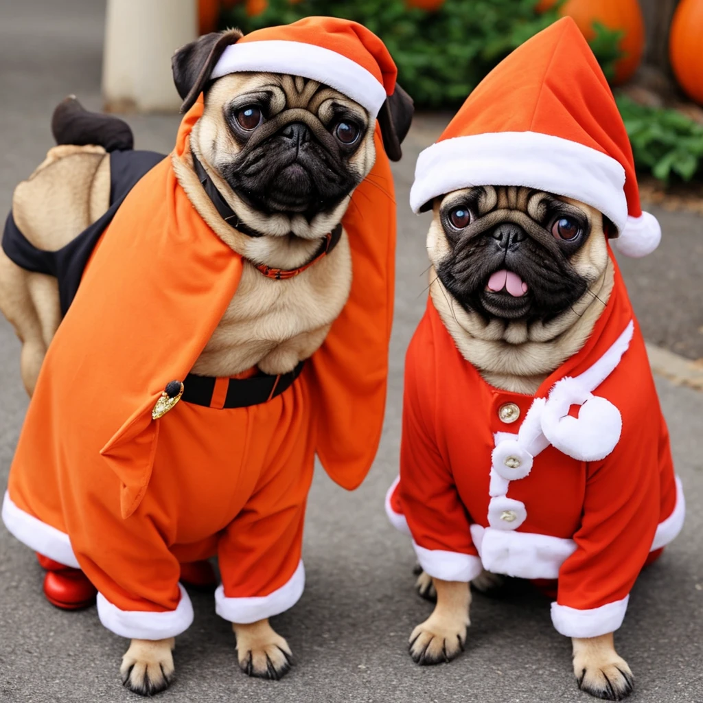 Cosplay Pug: A scene with a pug wearing a cute costume。Dressed as a pumpkin for Halloween or a Santa Claus for Christmas、She looks adorable as she happily poses for the camera.。