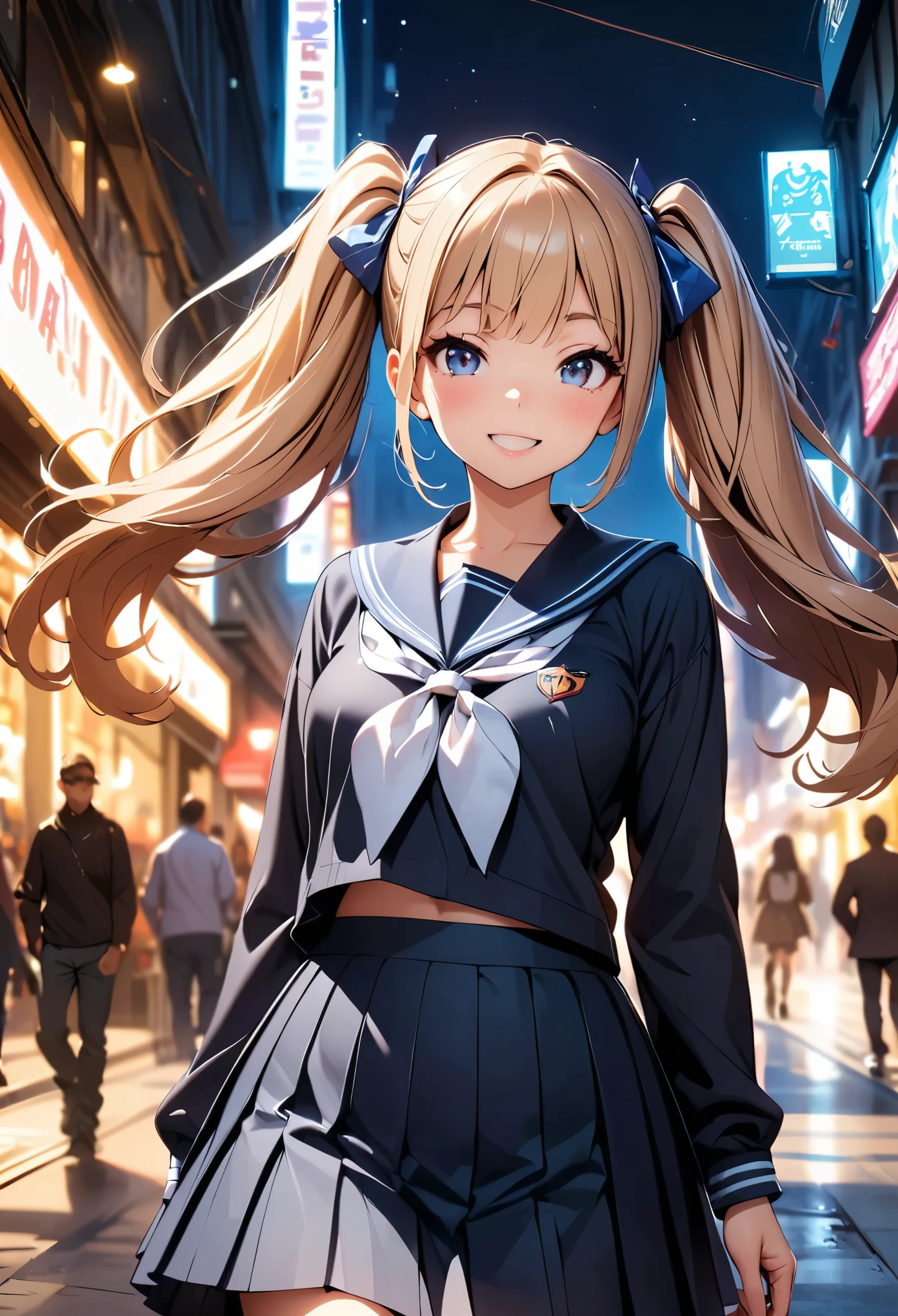 (Highest quality:1.24, Very detailed, Delicate and beautiful CG art, Detailed illustrations, High detail, masterpiece:1.2, Highest quality, Best aesthetics), (((1 Girl))), JK, Sailor suit, Pleated skirt, Open your mouth a little:1.2, smile, (Light brown hair, Voluminous twin tails), Low angle shot:1.1, Friendly atmosphere, Beautiful Hair, Shiny Hair, Beautiful Skin, Detailed face and eyes, Glossy Lips, Curvy Women, bustling street:1.2, night, Random Action, City lights, Light and shadow with attention to detail, Background Blur.