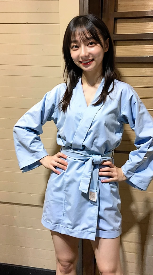 (8K、RAW Photos、Highest quality、masterpiece:1.2)、(Realistic、Photorealistic)、1 Girl、((yukata、lingerie、I can see your feet、bath、Wet hair、Small breasts、Nipples、らを向いてsmile、)、Lots of eyelashes、Add shine to your eyelids、skeletally correct、smile、Stand with hands on hips、