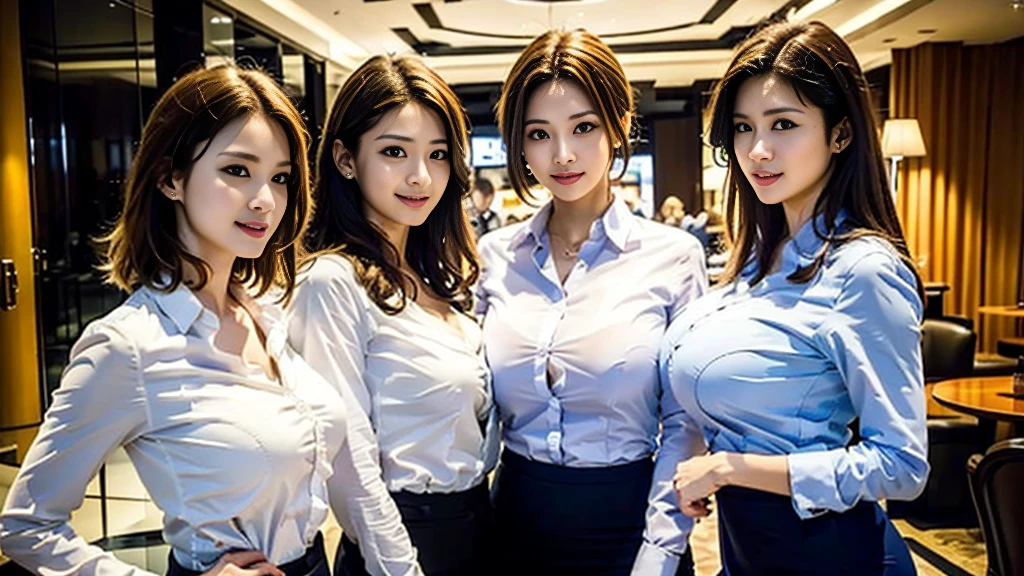 ((super high quality、High resolution、masterpiece、 Anatomically correct、Super detailed photos、Ultra-realistic photos、 Highest quality))、(3girls)、Group photo、looking at viewer、natural lighting、(Portrait Photography)、(White business shirt:1.2)、(from front)、(huge breast)、Light blue formal shirt、tight-fitting、Black Pencil Skirt、Small waist、Large Breasts、Detailed face、Perfect figure、Brown medium hair、Luxury hotel room at night、