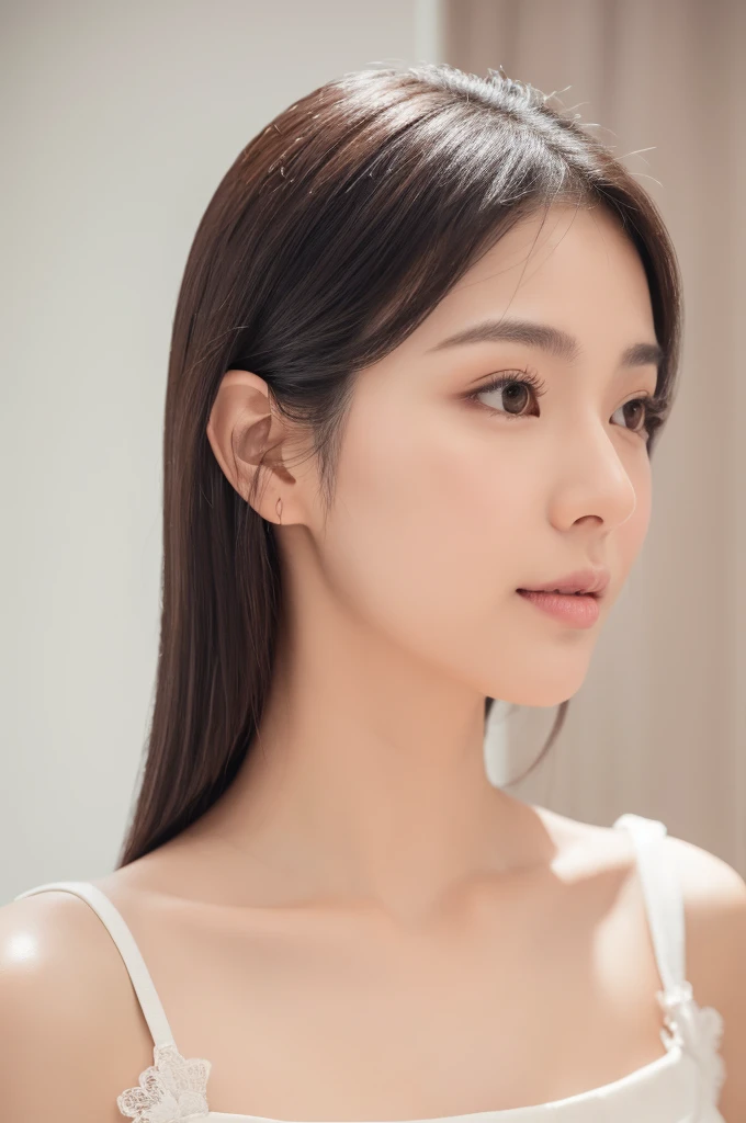 Photorealistic portrait of a 31-year-old Japanese actress, Kasumi Arimura inspired, distinctly East Asian features, soft oval face with gentle jawline and subtly rounded chin, smooth flawless skin with natural subtle yellowish undertone, large captivating almond-shaped dark brown eyes, visible single eyelid fold, straight black eyelashes, low and flat nose bridge with slightly upturned nose tip, full pink lips with gentle curve, prominently soft and plump cheeks with natural fullness giving a youthful and gentle appearance, subtle cheekbones without sharp angles, long lustrous straight black hair with dark brown undertones reaching past shoulders, wispy side-swept bangs framing face, hair parted slightly off-center, slender graceful neck, yet elegant figure at 160cm tall, wearing a form-fitting off-shoulder black dress or intricate white lace top, small dangling silver earrings, minimal natural makeup with soft peachy blush on rounded cheeks, light pink lip tint and subtle taupe eyeshadow, neatly groomed straight eyebrows, soft diffused studio lighting creating a warm glow, high-key portrait style, ultra high-resolution 8K photograph, gentle and warm expression with a subtle, close-lipped smile, direct eye contact with camera conveying both sweetness and maturity, known for versatile roles in popular Japanese dramas and films