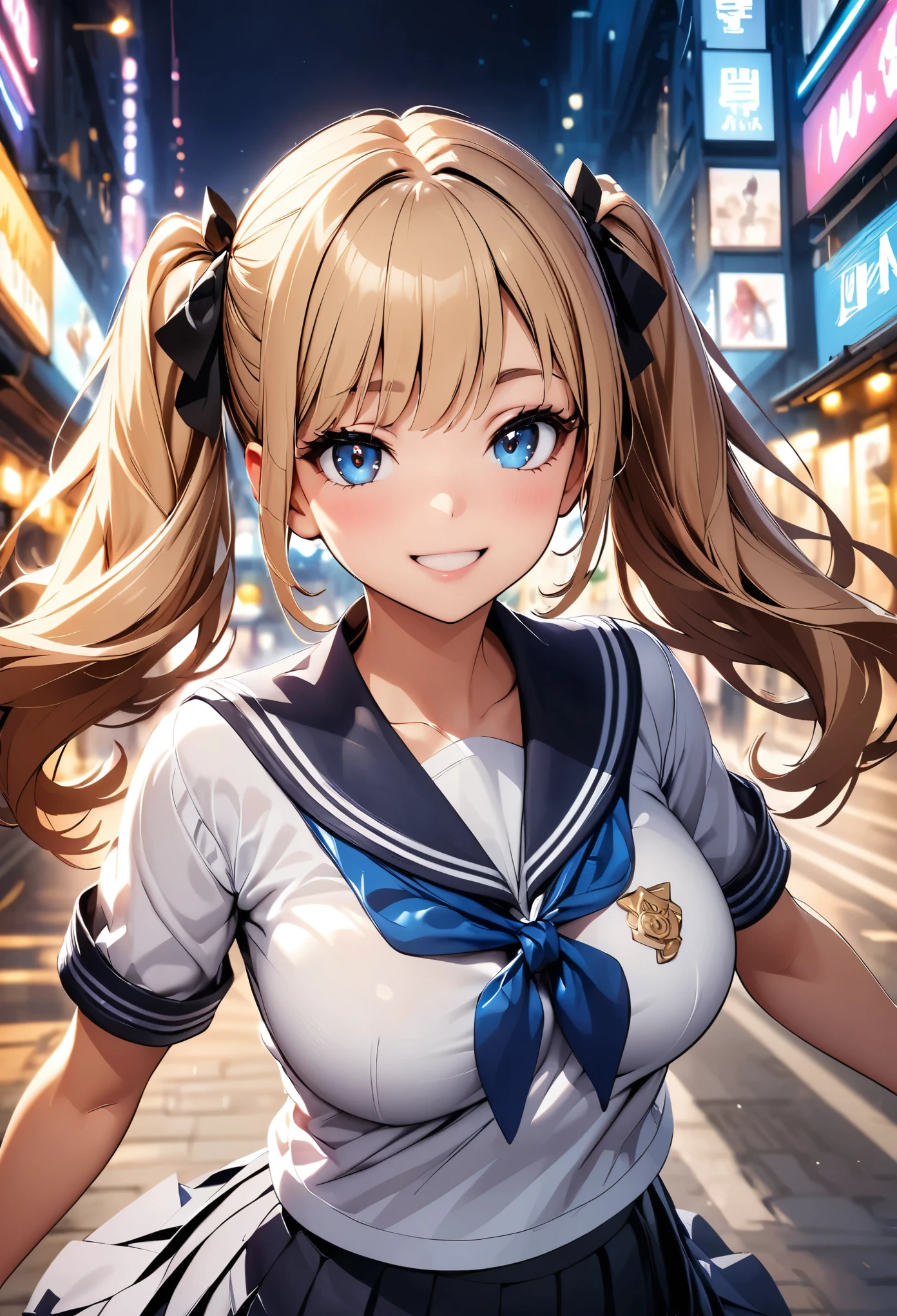 (Highest quality:1.24, Very detailed, Delicate and beautiful CG art, Detailed illustrations, High detail, masterpiece:1.2, Highest quality, Best aesthetics), (((1 Girl))), JK, Sailor suit, Pleated skirt, Open your mouth a little:1.2, smile, (Light brown hair, Voluminous twin tails), Low angle shot:1.1, Friendly atmosphere, Beautiful Hair, Shiny Hair, Beautiful Skin, Detailed face and eyes, Glossy Lips, Curvy Women, bustling street:1.2, night, Random Action, City lights, Light and shadow with attention to detail, Background Blur.