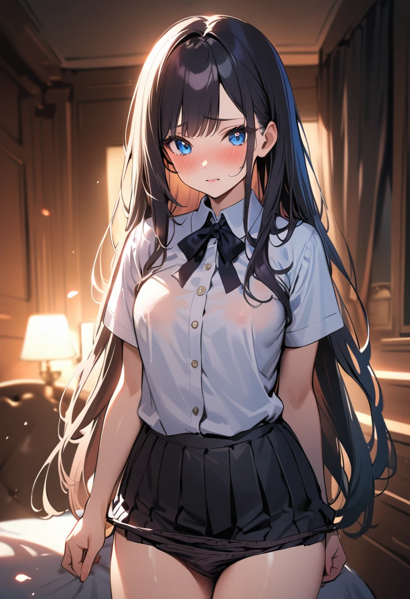 1 girl, long hair, black hair, straight hair, short bangs above brows, blue eyes, , white shirt, pleated skirt, embarrassed, blush,
BREAK (masterpiece), (high resolution 8K), cinematic lighting, professional lighting, detailed eyes and face, detailed body,
BREAK standing, (panty pull:1.2), (NSFW:1.2),