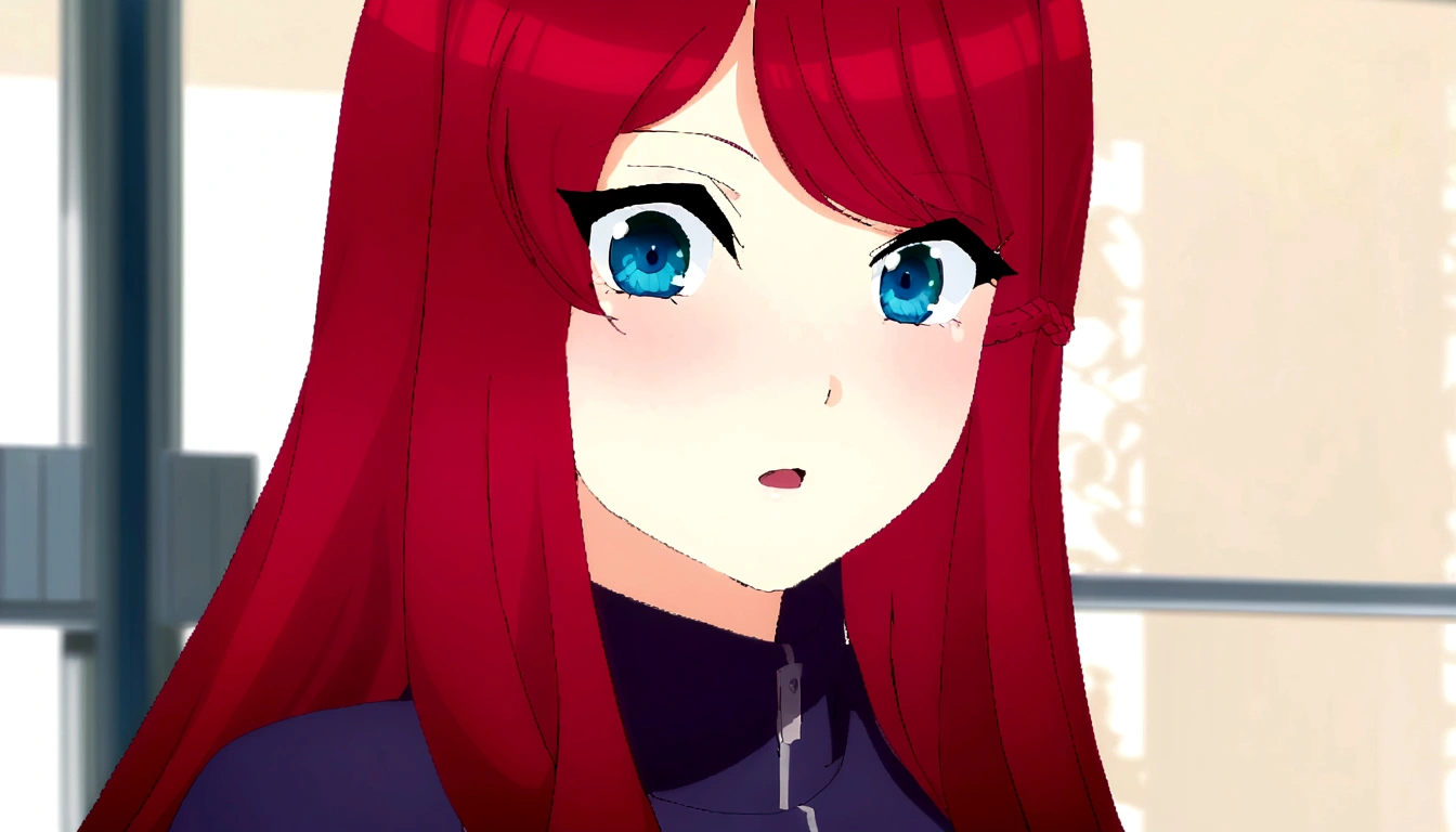 gotoubun anime screenshot. long hair girl, red with white tips, tied in a braid, messy bangs, green eyes, 15 years, black volleyball uniform dress with white details, number 11, on a volleyball court in a match