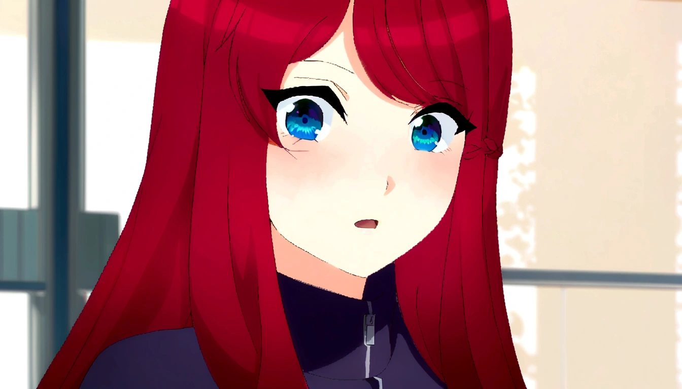 gotoubun anime screenshot. long hair girl, red with white tips, tied in a braid, messy bangs, green eyes, 15 years, black volleyball uniform dress with white details, number 11, on a volleyball court in a match