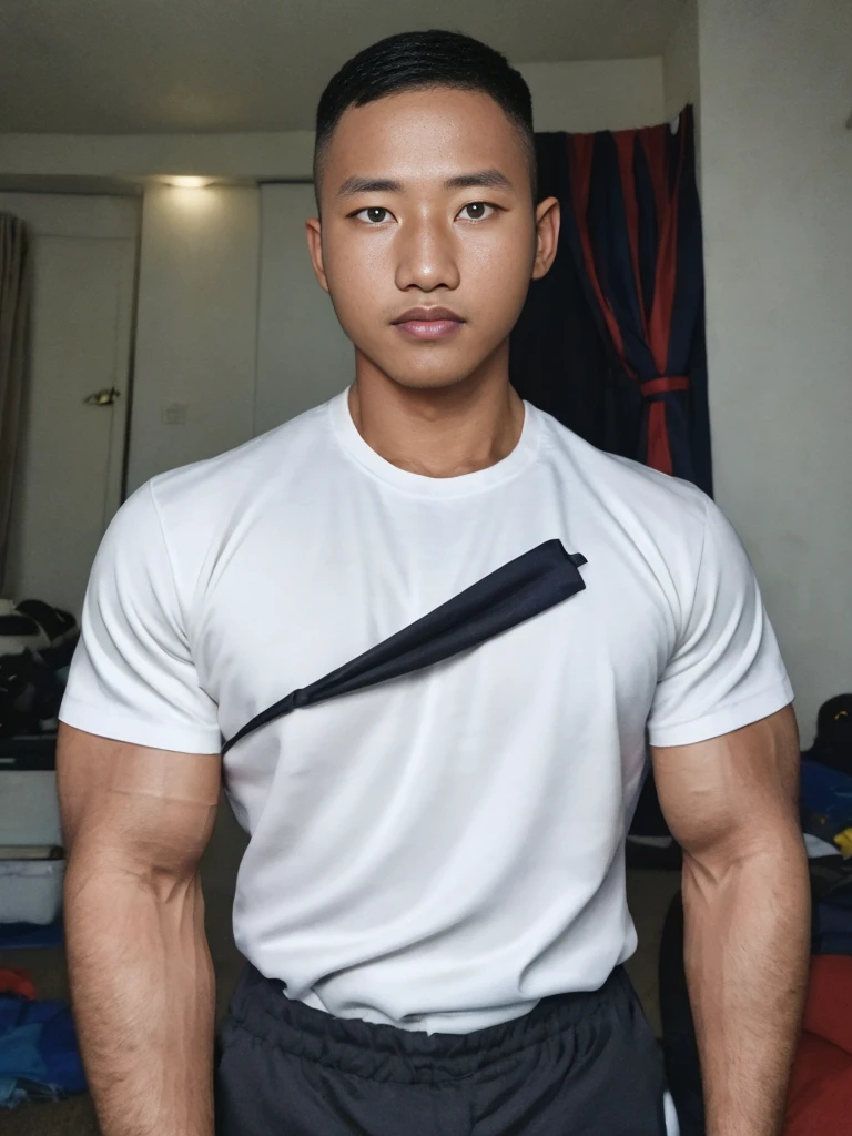 masterpiece, best quality, high resolution, realistic, handsome, photogenic, syahnk, SFW, a photo of a 35 year old frat (man:1.2) portrait, , military press, weights, stunning , short buzzcut hair,stubble head , (hypermuscle),looking at the viewer, flirting with the camera, charming, (tight white shirt ),(GS-Masculine:1), 8K UHD , ยืนในห้องอาหาร