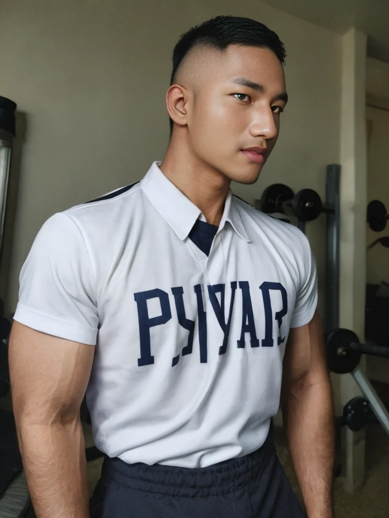 masterpiece, best quality, high resolution, realistic, handsome, photogenic, syahnk, SFW, a photo of a 35 year old  frat (man:1.2) portrait, , military press, weights, stunning , short buzzcut hair,stubble head , (hypermuscle),looking at the viewer, flirting with the camera, charming, (tight white shirt ),(GS-Masculine:1), 8K UHD , ยืนในห้องอาหาร