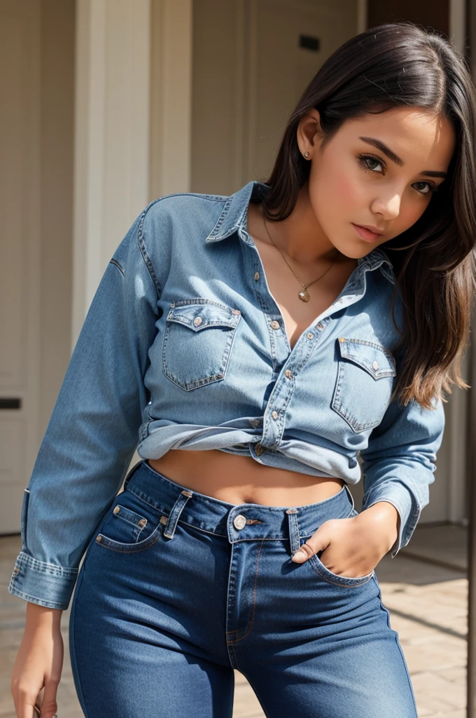 Creat a girl in shirt and jeans with with big 