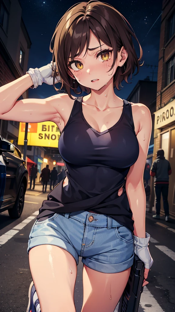 street dancer,  short hair, brown hair, yellow glowing eyes, perfect lips, Face full of scars、Skin shiny with sweat、 injured scared girl、 crying wet bursting out eyes, real tears streaming down face, ultra-detailed eyes,bandaid on face,covered with mud,expression of despair,Illumination that emphasizes shiny sweat{{{Spread }}},(crotch rope walking:1.0)cute expression, cute face,victory pose, dinamic pose, fingerless gloves, gun, tank top, jacket, cute pose, ultra detailed face, long eyelashes, sharp eyes , Fullbody shot, dinamic viewer, night sky , dinamic point of view, 