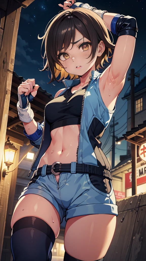 street dancer, short hair, brown hair, yellow glowing eyes, perfect lips, Face full of scars、Skin shiny with sweat、 injured scared girl、 crying wet bursting out eyes, real tears streaming down face, ultra-detailed eyes,bandaid on face,covered with mud,expression of despair,Illumination that emphasizes shiny sweat{{{Spread }}},(crotch rope walking:1.0)cute expression, cute face,victory pose, dinamic pose, fingerless gloves, gun, tank top, jacket, cute pose, ultra detailed face, long eyelashes, sharp eyes , Fullbody shot, dinamic viewer, night sky , dinamic point of view,