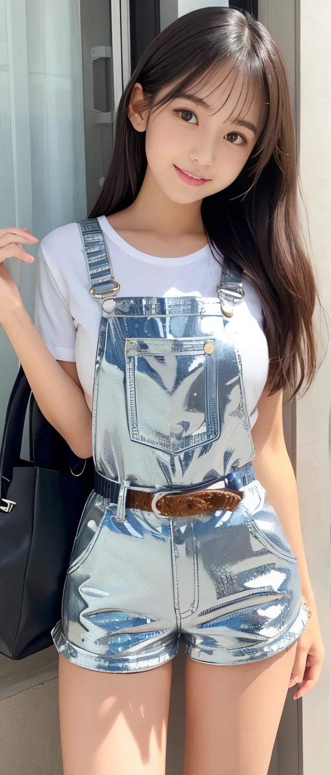 Tall cute high school girl、whole body、Good style、、、、、、、、、、Tanned thick legs、、Silver sequined overalls shorts、Neat and clean idol face、、Cool belt