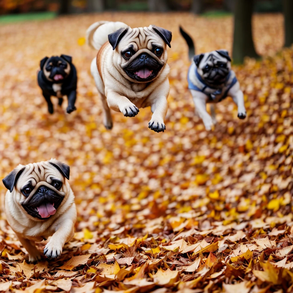 Playing in the autumn leaves: A scene of a pug running happily through fallen autumn leaves in the park。They are having fun playing while kicking up fallen leaves.、hour々It's adorable to see them running around with leaves in their mouths.。