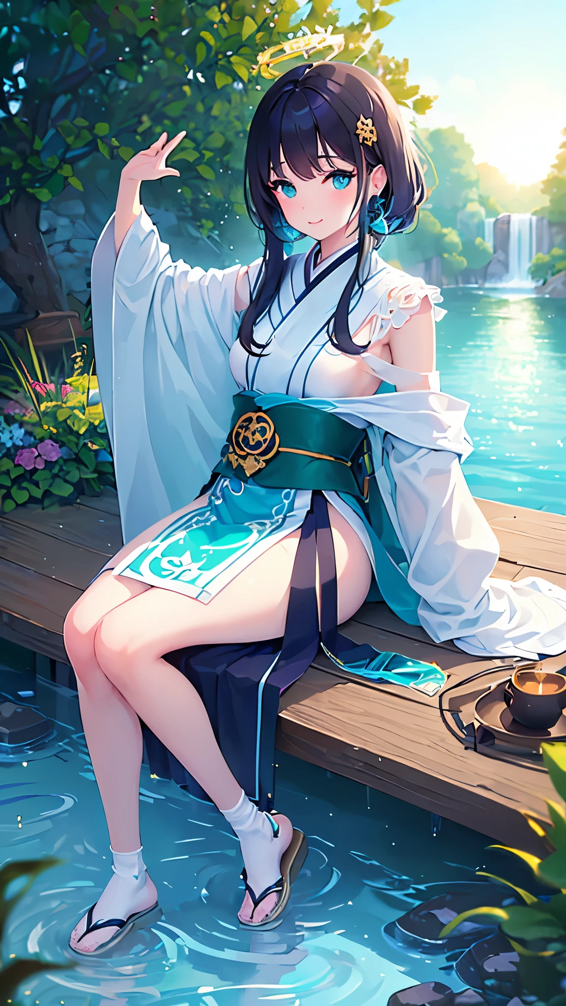 Name: Saeko Watanabe
Element: AQUASCEND
Description: A calm and wise merchant from the outskirts of a Floating Island nation. Saeko's seemingly humble demeanor belies her deep connections with the aquatic realm, connection manifested in her unique ability to communicate with underwater creatures. Without her guidance, many a sailor would have perished at sea.
Prompt: ((((Experienced Mercchant, Serene Expression, Ultrahigh Resolution)))), 1woman, sitting, дво bobbed_hair, almond_skintone, ((green eyes)), ((tear_glowing_eyes:0.4)), (((ultra_detailed_eyes: 0.8, expression of wisdom, average_detailed_face, glowing eyes: 0.9))), (((centered, fluid pose))), headshot, (((outdoors, near waterfall enumerable small stepping stones, sun shining from behind creating a haloes illuminating Saekos hair))), A cup of freshly brewed tea in left hand, carried traditional purple & bluestone mortar and pestle with a fish decoration on her lap, looking relaxed, ((laughing quietly to herself)), longsleeves under an embroidered j synthezted kimono in muted royal shades showing ripples, gold hoop earrings embellished with pearls, crispy white tabi socks, seafoam-green zori sandals, crowned loosely woven seaweed blosoms, softly lit, octogenarian, ((deeply resonating tranquility)), ((warm, pleasant,and inviting))