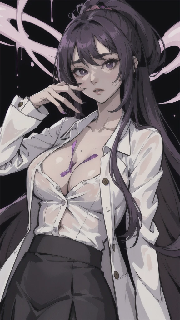 (masterpiece:1.2, best quality), (1lady, solo, upper body:1.2), black hair,purple dip-dye hair , forehead , purple eyes, Swallowtail butterfly head, An anime-style illustration of Shinobu Kocho from “Demon Slayer”. She is wearing a lab coat and a skirt, a laboratory in the background, . using a laptop , looking at the camera, white dress shirt, button-up shirt , shirt with all buttoned all buttons fastened, (ecstasy:1.3) ,(slut:1.2),(vulgarity:1.3),(fucked silly:1.1),(steam:1.1),(wet:0.8),(trembling:0.8),(tears:0.7) ,(drooling:0.6),(sweat:0.8), nsfw , large breast,(button gap:1.1).