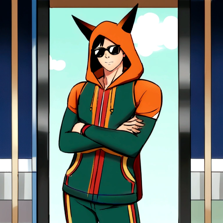 Adorable fox in Pixar movie style, usando um capuz, cinematic lighthing, Depth detection, hiper detalhada, qualidade 8k. One hand crossed the hundred,parte superior do corpo macho, melhor qualidade, human-like body figure), looking at the viewer in orange hoodie and sunglasses holding the cell phone, raposa, imagem do avatar, com roupa futurista, CGSetnação ),gostar, arte profissional, CGsociety - W 1 0 2 4 - N 8 - I,The name is Kan, his name is Kan