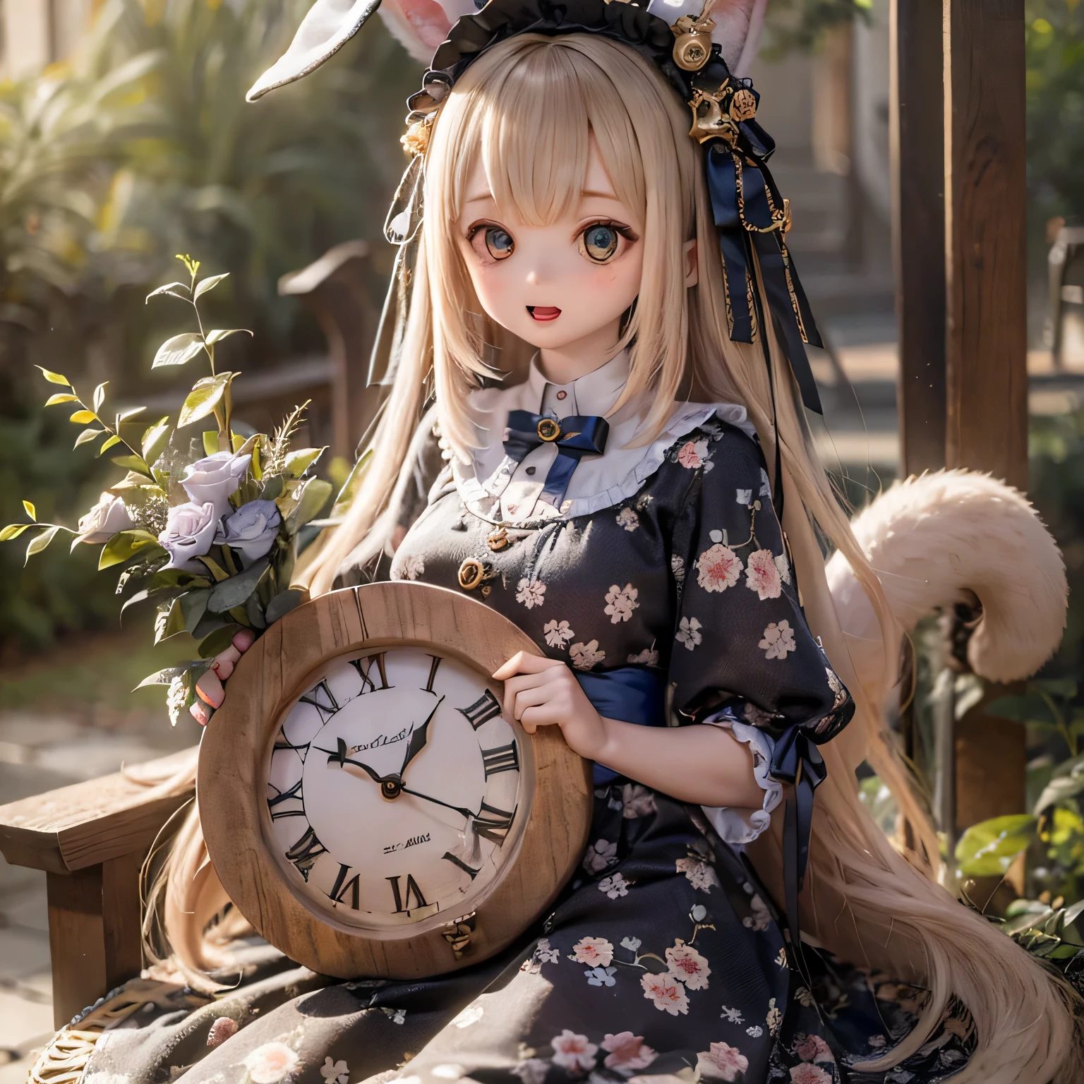 
The rabbit girl is holding a big clock with Alice_Wonderland