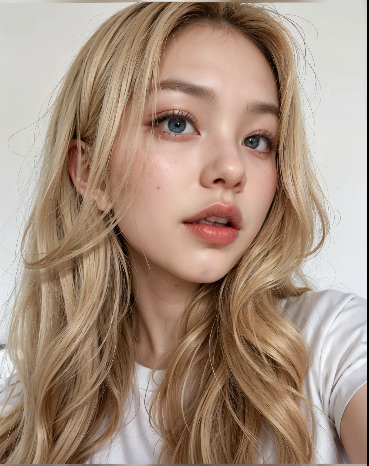 Asian, hair blonde, red lips, fleshy lips, greeneyes, Jennie Kim