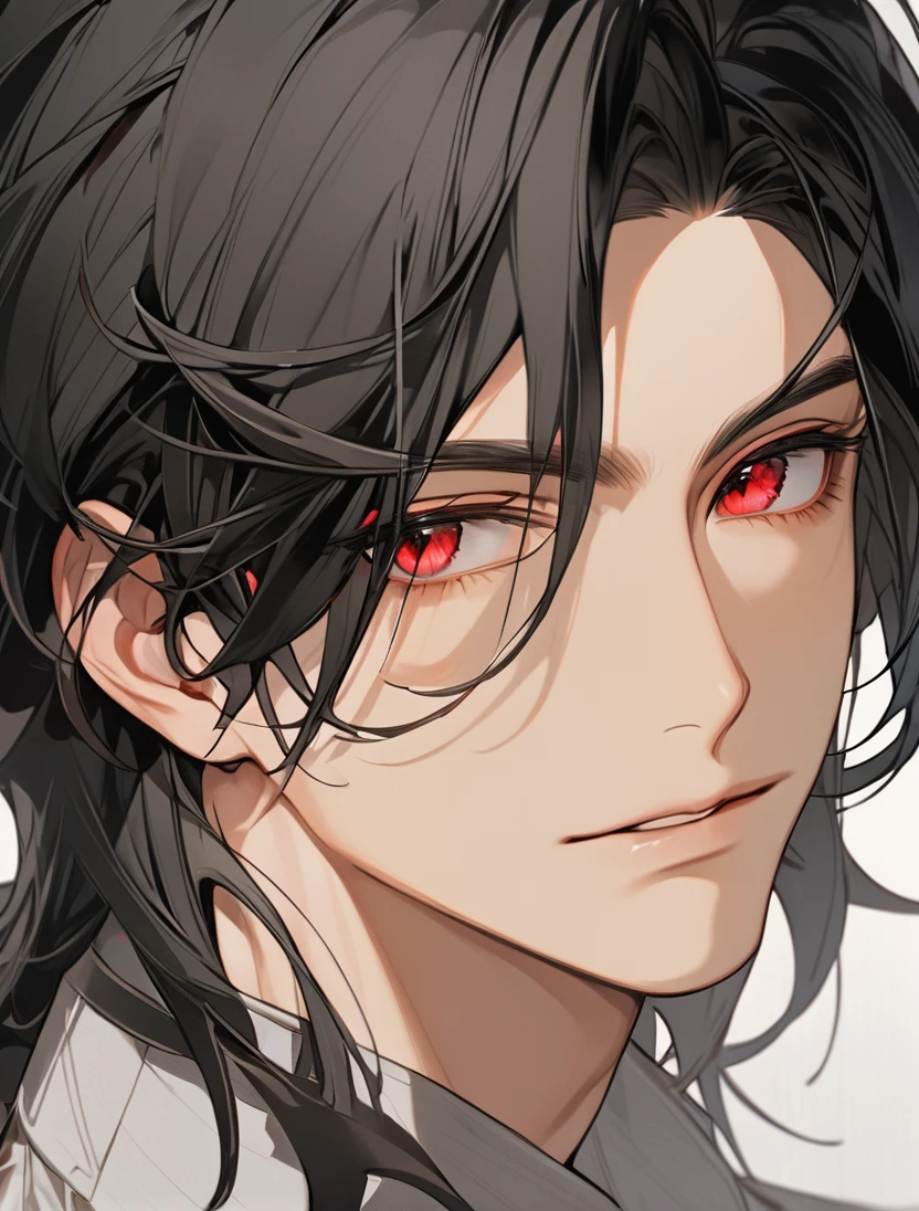 (Black_Hair), (red_ruby_eyes), (Handsome), (attractive), (male), (close_up_shot), (detailed_eyes), (detailed_hair), (clean_hair), (vertical_pupils), (jawline)