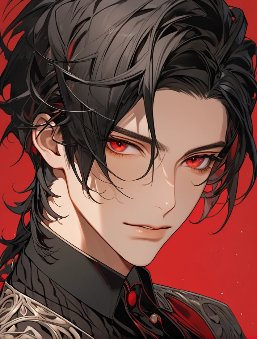 (Black_Hair), (red_ruby_eyes), (Handsome), (attractive), (male), (close_up_shot), (detailed_eyes), (detailed_hair), (clean_hair), (vertical_pupils), (jawline)