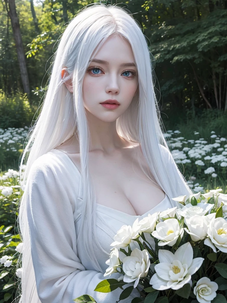 Long white hair, blue eyes, serious features, white skin, loose style, in a garden, with flowers , in the forest , killer frost the flash