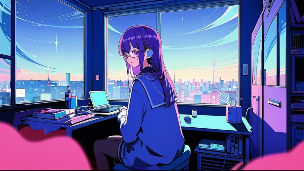 (from behind), Anime girl sitting in front of a computer in a cozy bedroom, Girl listening to music while studying in a cozy room (night), Using headphones, on the roof, (beautiful night views from windows), lots of things, 2D anime style, The aesthetics of anime in the 90s, lo-fi, long hair, very detailed, Hard disk, A mix of anime style and Fujifilm, surreal, 8K, masterpiece, violet eyes,black gloves, round glasses, long sleeves,violet hair, round glasses, Flat Chest, smile, pantyhose