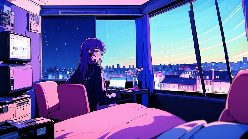 (from behind), Anime girl sitting in front of a computer in a cozy bedroom, Girl listening to music while studying in a cozy room (night), Using headphones, on the roof, (beautiful night views from windows), lots of things, 2D anime style, The aesthetics of anime in the 90s, lo-fi, long hair, very detailed, Hard disk, A mix of anime style and Fujifilm, surreal, 8K, masterpiece, violet eyes,black gloves, round glasses, long sleeves,violet hair, round glasses, Flat Chest, smile, pantyhose