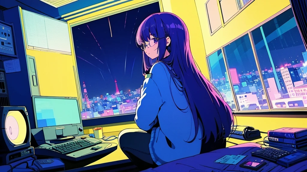 (from behind), Anime girl sitting in front of a computer in a cozy bedroom, Girl listening to music while studying in a cozy room (night), Using headphones, on the roof, (beautiful night views from windows), lots of things, 2D anime style, The aesthetics of anime in the 90s, lo-fi, long hair, very detailed, Hard disk, A mix of anime style and Fujifilm, surreal, 8K, masterpiece, violet eyes,black gloves, round glasses, long sleeves,violet hair, round glasses, Flat Chest, smile, pantyhose