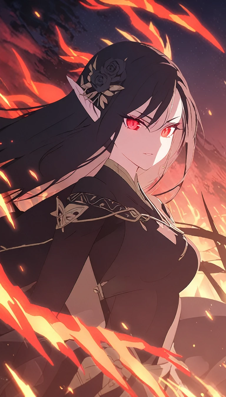 1woman, elven, darkness god, fire black hair, straight hairstyle, glowing red eyes, black roses field, fire bird, warrior, traditional thai dress,