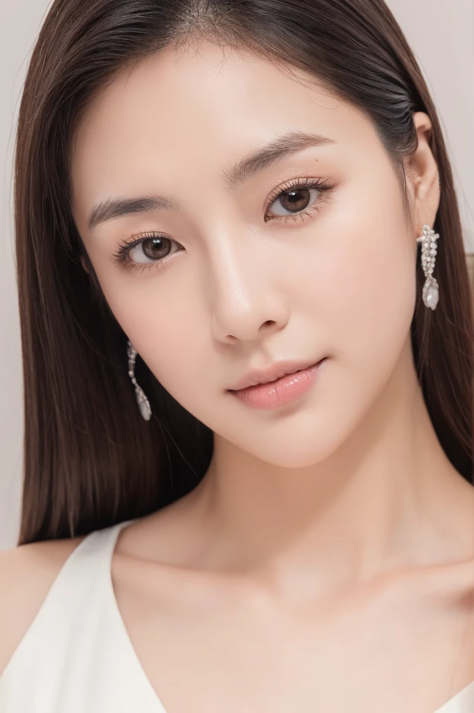 Photorealistic portrait of a 31-year-old Japanese actress, Kasumi Arimura inspired, distinctly East Asian features, soft oval face with gentle jawline and subtly rounded chin, smooth flawless skin with natural subtle yellowish undertone, large captivating almond-shaped dark brown eyes, visible single eyelid fold, straight black eyelashes, low and flat nose bridge with slightly upturned nose tip, full pink lips with gentle curve, prominently soft and plump cheeks with natural fullness giving a youthful and gentle appearance, subtle cheekbones without sharp angles, long lustrous straight black hair with dark brown undertones reaching past shoulders, wispy side-swept bangs framing face, hair parted slightly off-center, slender graceful neck,  yet elegant figure at 160cm tall, wearing a form-fitting off-shoulder black dress or intricate white lace top, small dangling silver earrings, minimal natural makeup with soft peachy blush on rounded cheeks, light pink lip tint and subtle taupe eyeshadow, neatly groomed straight eyebrows, soft diffused studio lighting creating a warm glow, high-key portrait style, ultra high-resolution 8K photograph, gentle and warm expression with a subtle, close-lipped smile, direct eye contact with camera conveying both sweetness and maturity, known for versatile roles in popular Japanese dramas and films
