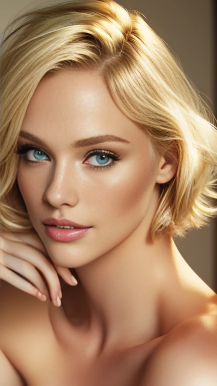 Full body image of a woman with small breasts. Short blonde hair and green eyes, short blonde hair green eyes, beautiful blonde woman, blond hair green eyes, green eyes and blond hair, beautiful blonde girl, a gorgeous blonde, blonde and attractive features, blonde hair and large eyes, blonde woman, attractive female face!!!, beautiful model, jaw dropping beauty, young blonde woman. She is sitting, naked, nude. Perfect, toned body, perfect figure. Cleavage, nipples, navel. BBIC.