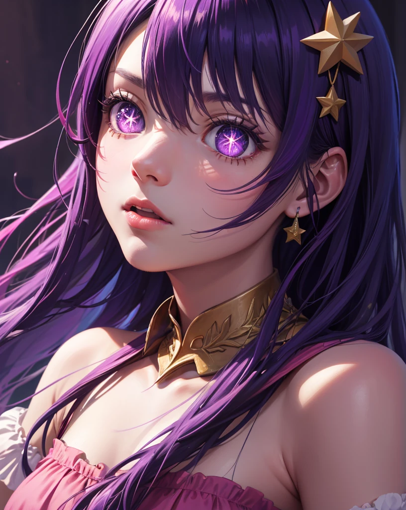 (highly detailed:1.3),upper body, 1girl, solo
Ai hoshino, pink gloves, jewellery, (star shaped eyes),(purple eyes:1.2), purple hair
Ultra-detail,(highres:1.1),best quality,(masterpiece:1.3),cinematic lighting,
(detailed face and eyes:1.3), concert stage background
