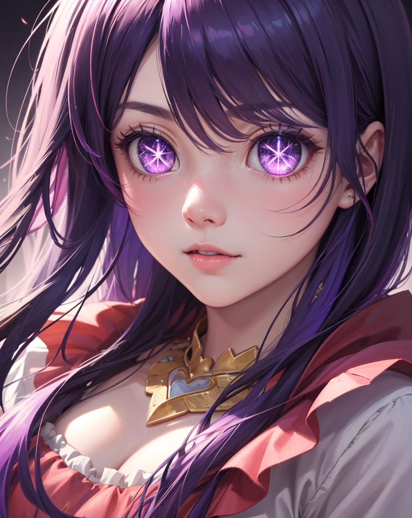 (highly detailed:1.3),upper body, 1girl, solo
Ai hoshino, pink gloves, jewellery, (star shaped eyes),(purple eyes:1.2), purple hair
Ultra-detail,(highres:1.1),best quality,(masterpiece:1.3),cinematic lighting,
(detailed face and eyes:1.3), concert stage background