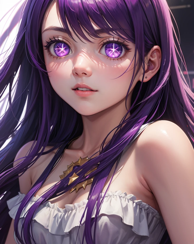 (highly detailed:1.3),upper body, 1girl, solo
Ai hoshino, pink gloves, jewellery, (star shaped eyes),(purple eyes:1.2), purple hair
Ultra-detail,(highres:1.1),best quality,(masterpiece:1.3),cinematic lighting,
(detailed face and eyes:1.3), concert stage background