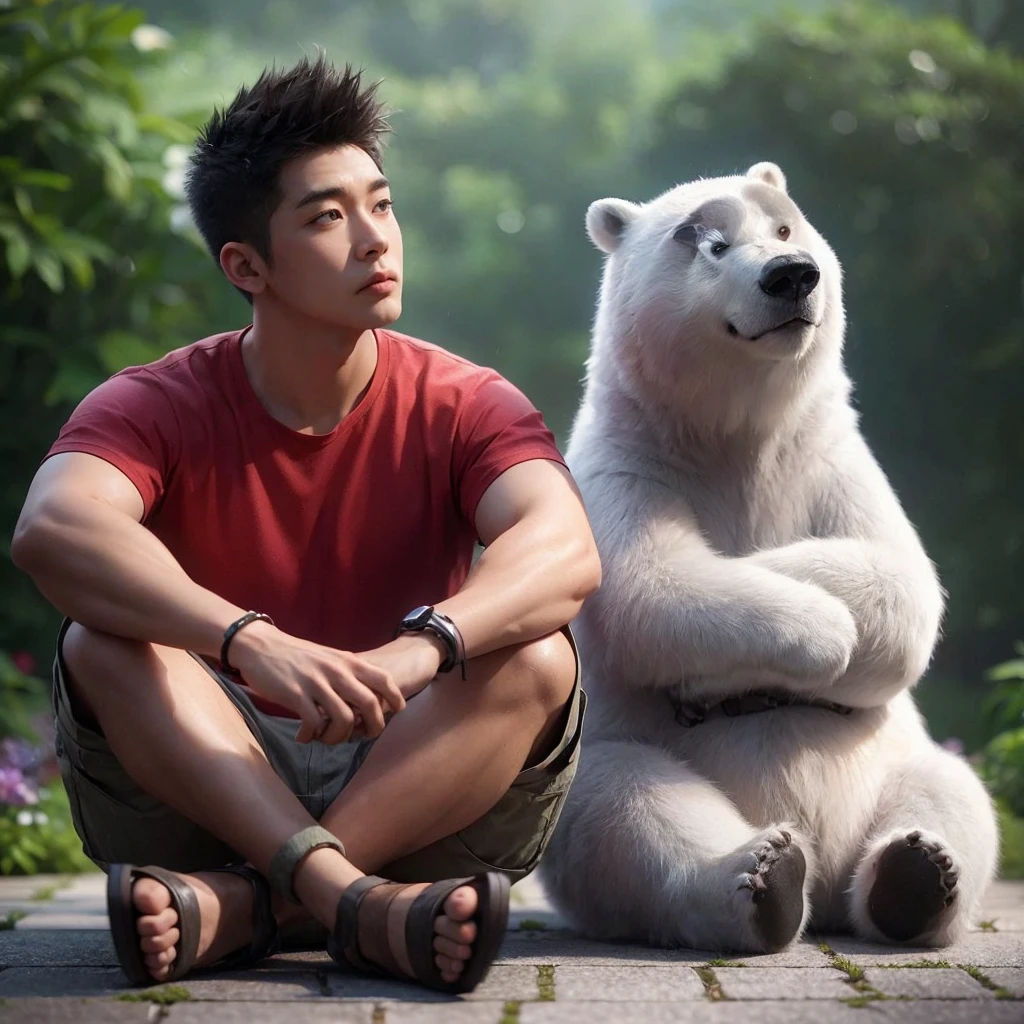 Hyper realistic 3d ,an Asian man, 25 years old, short and spiky hair, wearing a red t-shirt, short cargo pants and sandals ,was daydreaming while sitting cross-legged ,Beside him is Bernard, a 3D animated polar bear with a white and slightly gray body, nose and black eyes that looked up. This polar bear has a large body with a protruding stomach, short leg, and arms open to the sides ,background of a garden with ,4k ,cinematic,ultra realistic, Very detailed ,UHD