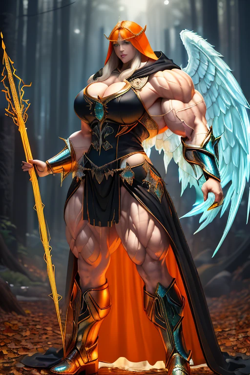 ((((Massive, tall, beautiful, buff, muscular pale white skinned woman mage with orange hair, huge angel wings, ginormous bulky muscles, holding a earth mage staff and wearing a beautiful hooded black enchanted robe with long long skirt)))), (close-up view), vascular, massive muscle, massive biceps, hyper muscle shoulders, hyper muscle triceps, (shaggy bob cut), green eyes, (wearing a long extremely intricate robes, long magical robes), (black mage boots), smirk, black gauntlets, (in a earthly forest), evening, Vascular arms, hyper vascular arm, hyper muscles arms, hyper muscle legs, massive arms.