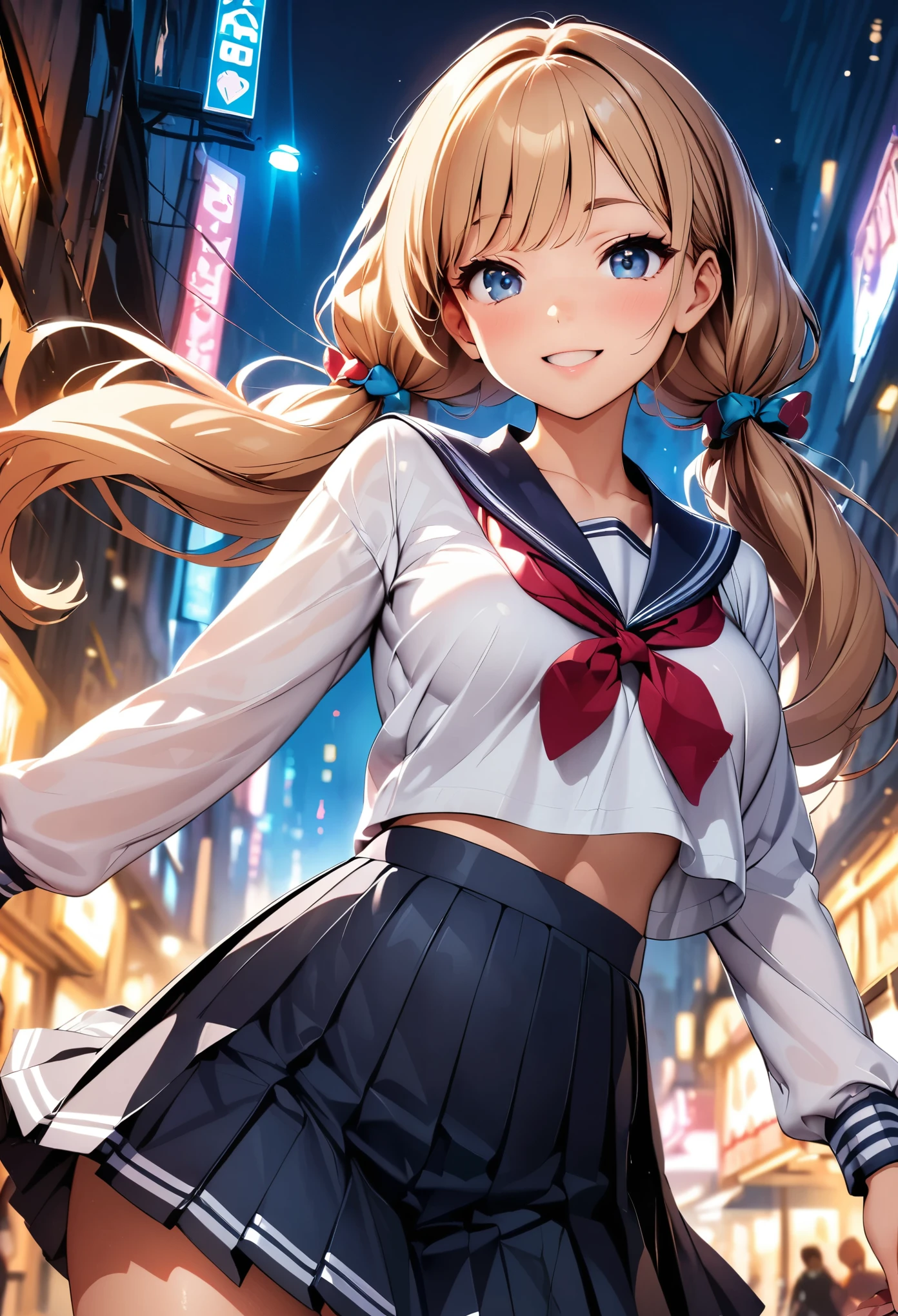 (Highest quality:1.24, Very detailed, Delicate and beautiful CG art, Detailed illustrations, High detail, masterpiece:1.2, Highest quality, Best aesthetics), (((1 Girl))), JK, Sailor suit, Pleated skirt, Open your mouth a little:1.2, smile, (Light brown hair, Voluminous twin tails), Low angle shot:1.1, Friendly atmosphere, Beautiful Hair, Shiny Hair, Beautiful Skin, Detailed face and eyes, Glossy Lips, Curvy Women, bustling street:1.2, night, Random Action, City lights, Light and shadow with attention to detail, Background Blur.