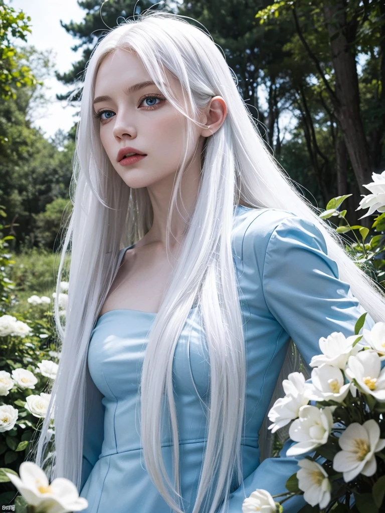 Long white hair, blue eyes, serious features, white skin, loose style, in a garden, with flowers , in the forest , killer frost the flash 