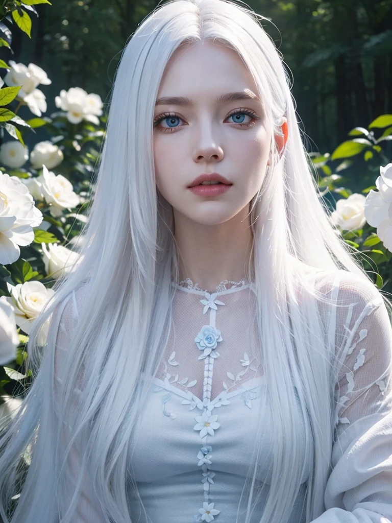 Long white hair, blue eyes, serious features, white skin, loose style, in a garden, with flowers , in the forest , killer frost the flash