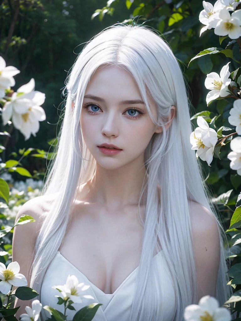 Long white hair, blue eyes, serious features, white skin, loose style, in a garden, with flowers , in the forest , killer frost the flash