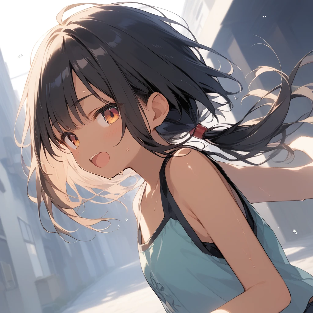 score_9, score_8_up, score_7_up, source_anime, best quality, masterpiece, official art, absurdres, highres, ultra-detailed,waifu2x,Collection: Slice of Life,break,1girl, tomboy, dark-skinned female, short hair, low ponytail, flat chest, beautiful detailed eyes, short shorts, sweat, open mouth, (yawn:0.3), sleepily, outdoors, wind, break,(clear line illustration:1.2),very high resolution, very aesthetic, super detailed skin, Best sexual lighting powered by famous artist, 8k,cute picture,beauty illustration,photoshop_(medium),,(Detailed Lighting),best anime 8k konachan wallpaper, pixiv contest winner, 
