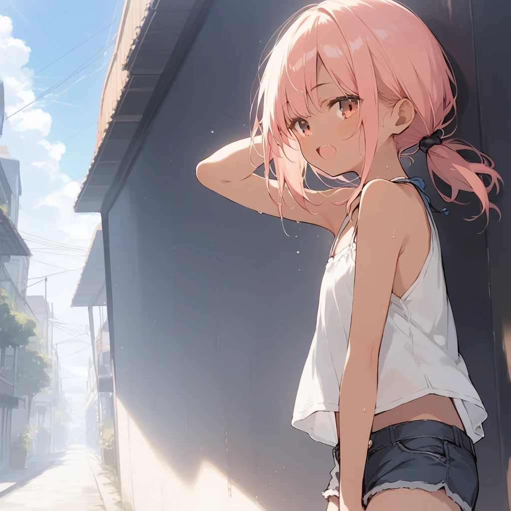 score_9, score_8_up, score_7_up, source_anime, best quality, masterpiece, official art, absurdres, highres, ultra-detailed,waifu2x,Collection: Slice of Life,break,1girl, tomboy, dark-skinned female, short hair, low ponytail, flat chest, beautiful detailed eyes, short shorts, sweat, open mouth, (yawn:0.3), sleepily, outdoors, wind, break,(clear line illustration:1.2),very high resolution, very aesthetic, super detailed skin, Best sexual lighting powered by famous artist, 8k,cute picture,beauty illustration,photoshop_(medium),,(Detailed Lighting),best anime 8k konachan wallpaper, pixiv contest winner,