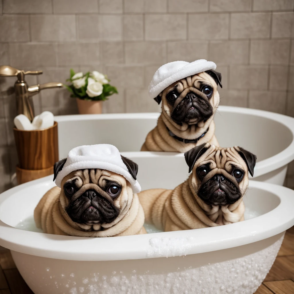 Relax in a bubble bath: A scene of a pug enjoying a bath in a bathtub covered in bubbles。Put foam hats on your ears、She looks so cute with her eyes half-open and relaxed expression.。