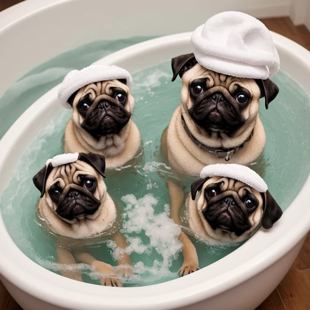 Relax in a bubble bath: A scene of a pug enjoying a bath in a bathtub covered in bubbles。Put foam hats on your ears、She looks so cute with her eyes half-open and relaxed expression.。
