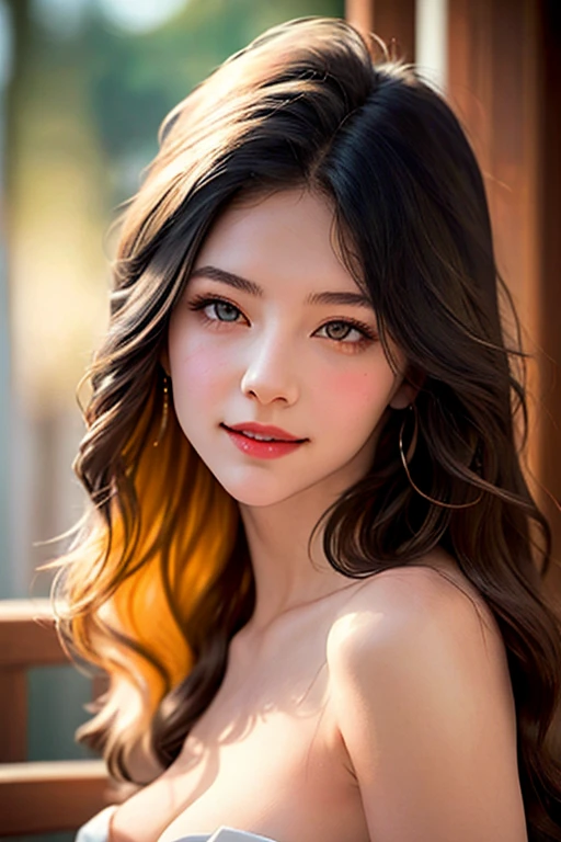 Realistic, ultra-detailed, surreal, 1girl, smile, soft expression, clear skin, long eyelashes, flowing hair, windblown hair, soft ambient lighting, warm lighting, glowing skin, natural light, calm, detailed details,