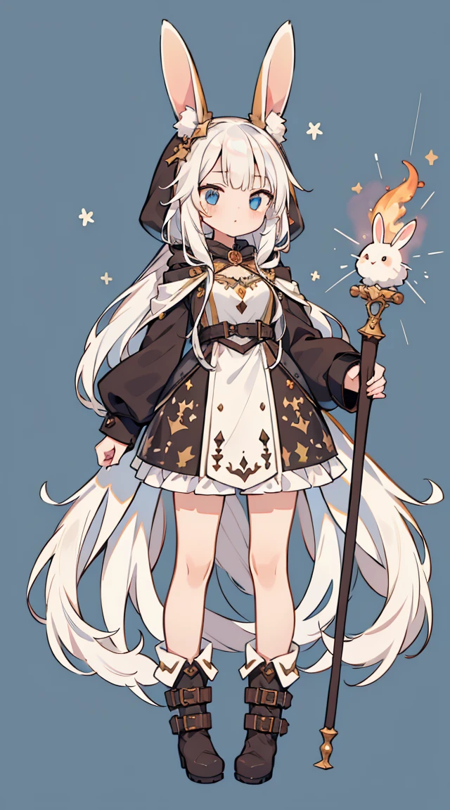 (masterpiece), Best quality, Fantasy art, 1 girl, a girl firing her long , white_hair, long hair, wicked, bunny ears, black hoodie with bunny ears, boots, hood with bunny ears, Clear face