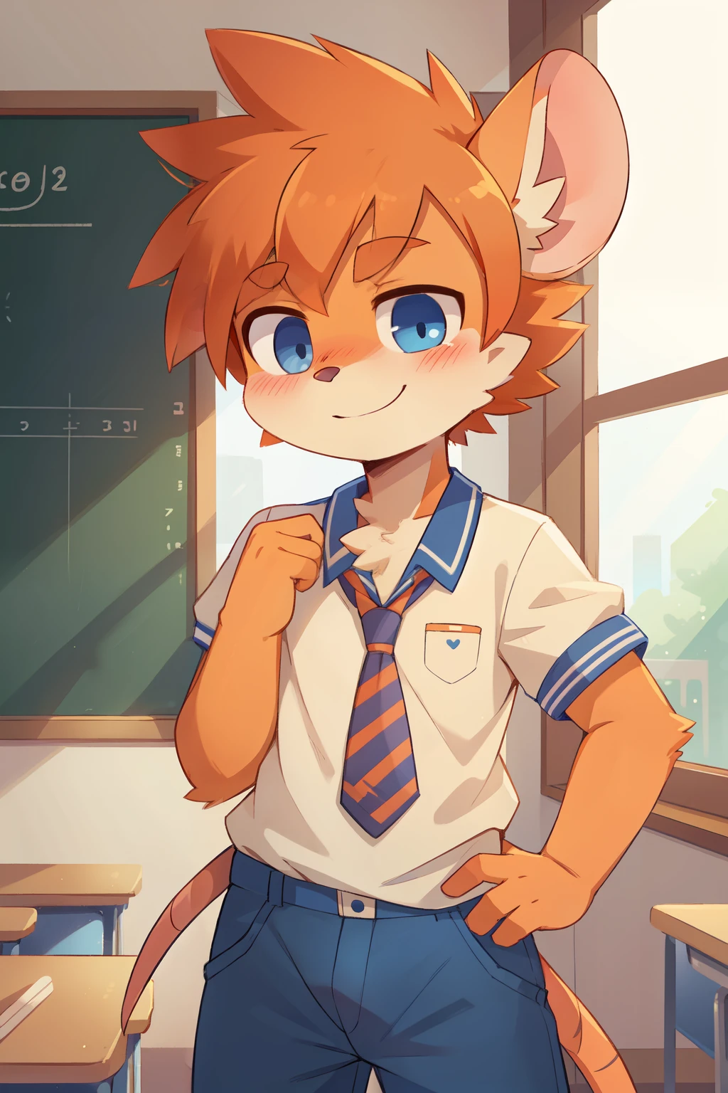 score_9,score_8_up,score_7_up, source_cartoon, source_furry, mouse boy, dark orange hair, heavy spiky bangs, mohawk hairstyle, spike side hair, furry, blush, looking at viewer, smile, 1boy, furry male, mouse tail, mouse ears, two tone body fur, orange body fur, clear orange body fur, ((school uniform, school shirt, blue pants)), class, blue eyes, blush, looking at viewer, uperbody,
