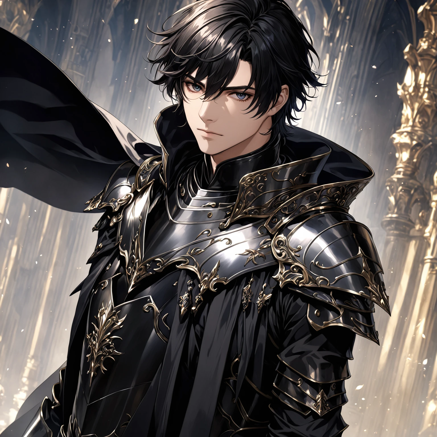 masterpiece, best quality, 1man, adult, male focus, solo, medium hair, black hair,, looking at viewer, cape, High quality metal texture, overcoat, closed mouth, upper body, bangs, high collar,(kbxll:0.6), Fantasy aesthetics, Highly detailed, shadowverse style, armored gloves, metallic gloves, black armor