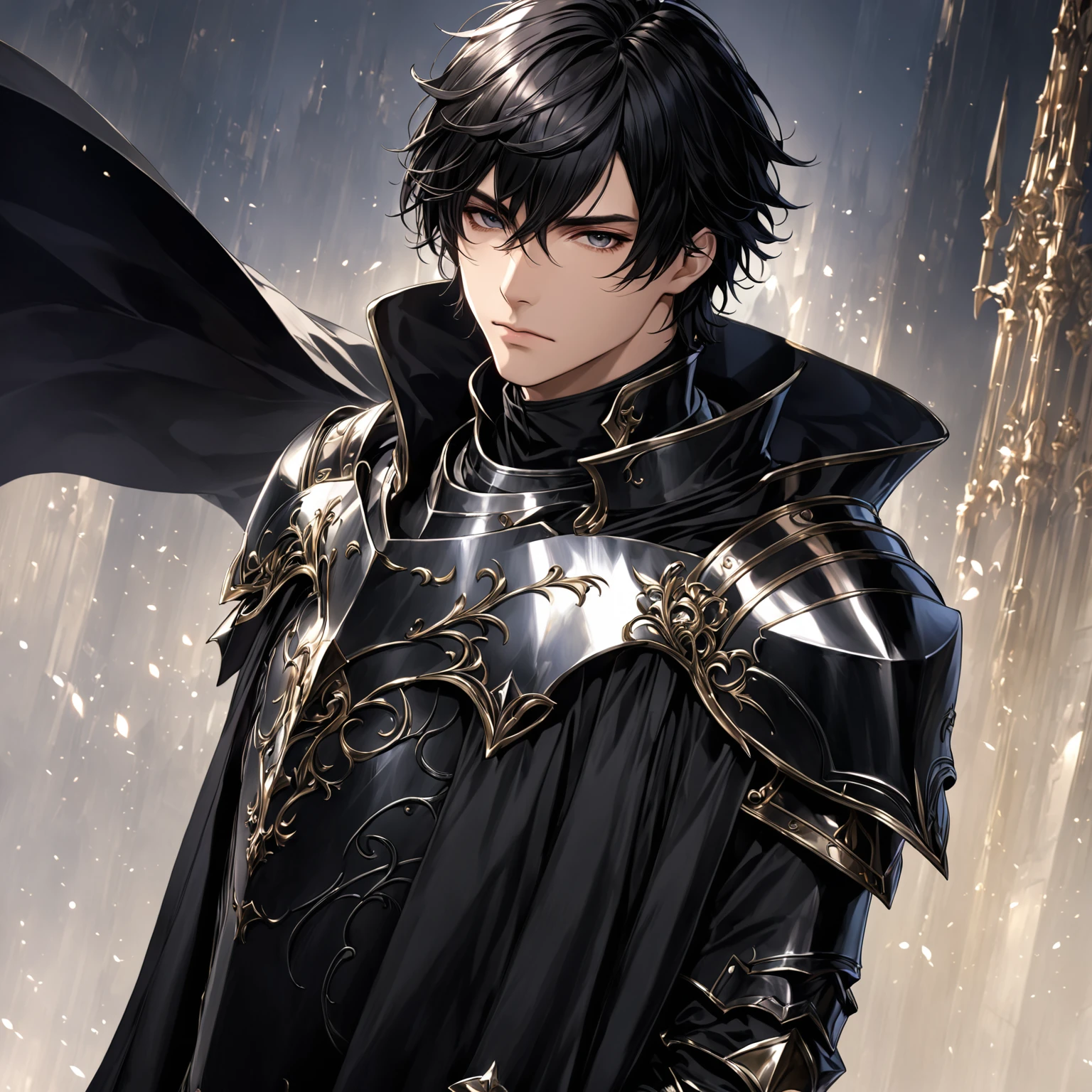 masterpiece, best quality, 1man, adult, male focus, solo, medium hair, black hair,, looking at viewer, cape, High quality metal texture, overcoat, closed mouth, upper body, bangs, high collar,(kbxll:0.6), Fantasy aesthetics, Highly detailed, shadowverse style, armored gloves, metallic gloves, black armor